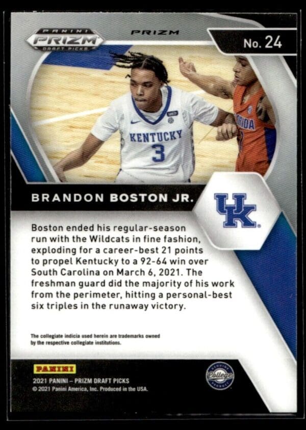 2021 Panini Prizm Draft Picks Kentucky Wildcats #24 Brandon Boston Jr. RC Rookie