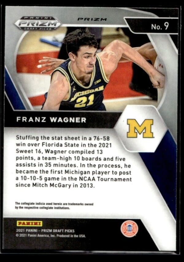 _10 2021 Panini Prizm Draft Picks Michigan Wolverines #9 Franz Wagner RC Rookie Oran