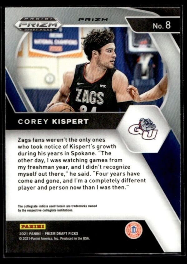 _10 2021 Panini Prizm Draft Picks Gonzaga Bulldogs #8 Corey Kispert RC Rookie Orange