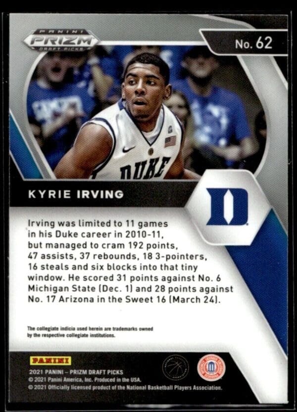_10 2021 Panini Prizm Draft Picks Duke Blue Devils #62 Kyrie Irving