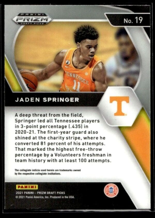 _10 2021 Panini Prizm Draft Picks Tennessee Volunteers #19 Jaden Springer RC Rookie