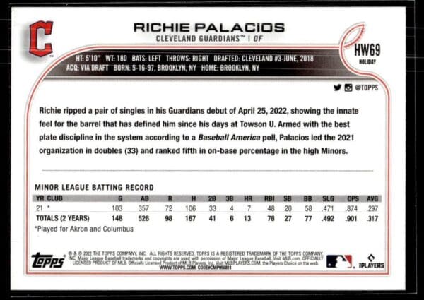2022 Topps Holiday Cleveland Guardians #69 Richie Palacios RC Rookie
