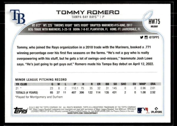 2022 Topps Holiday Tampa Bay Rays #75 Tommy Romero RC Rookie