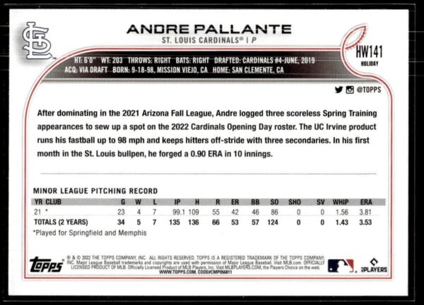 _10 2022 Topps Holiday St. Louis Cardinals #141 Andre Pallante RC Rookie