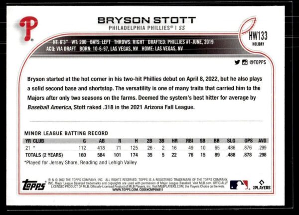 2022 Topps Holiday Williamsport Crosscutters #133 Bryson Stott RC Rookie