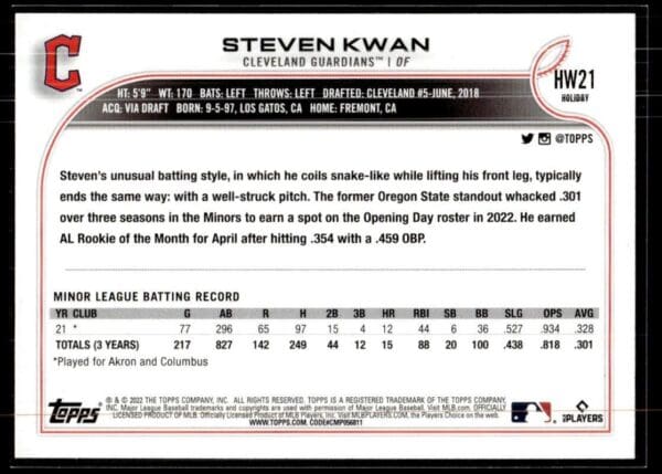 _10 2022 Topps Holiday Cleveland Guardians #21 Steven Kwan RC Rookie