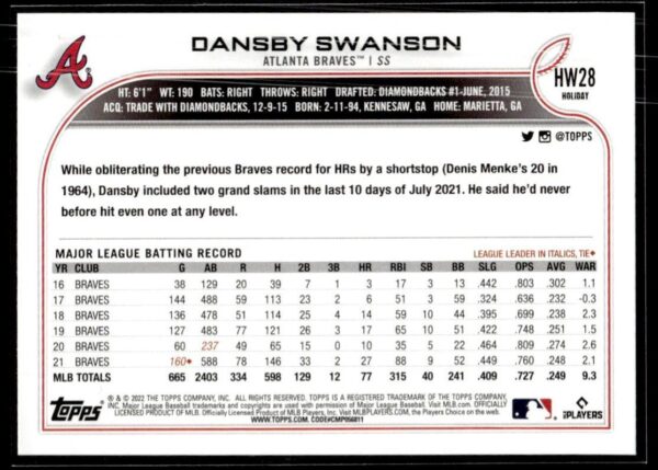 2022 Topps Holiday Atlanta Braves #28 Dansby Swanson