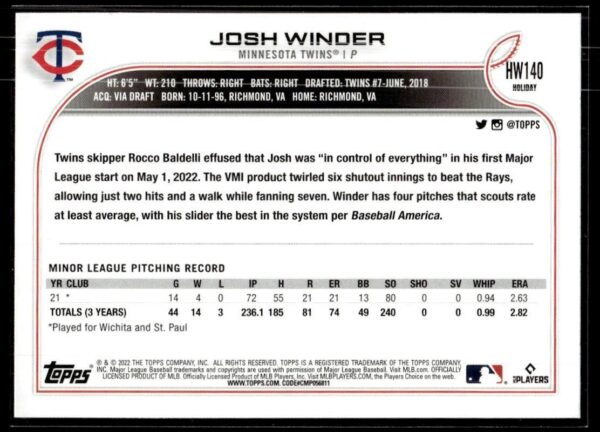 _10 2022 Topps Holiday Minnesota Twins #140 Josh Winder RC Rookie