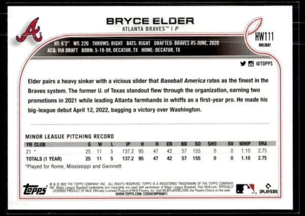2022 Topps Holiday Atlanta Braves #111 Bryce Elder RC Rookie