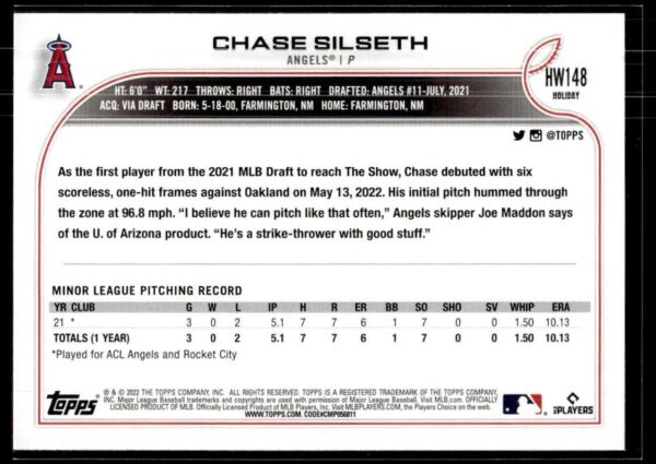 2022 Topps Holiday Los Angeles Angels #148 Chase Silseth RC Rookie