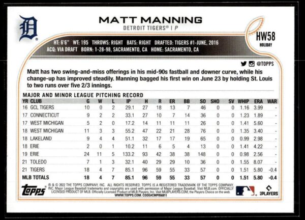 _10 2022 Topps Holiday Connecticut Tigers #58 Matt Manning RC Rookie