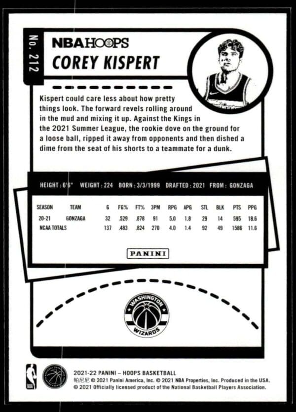 2021 NBA Hoops Washington Wizards #212 Corey Kispert RC Rookie