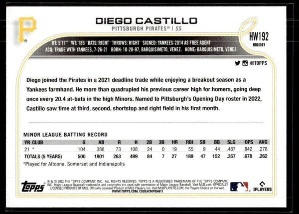 _10 2022 Topps Holiday Pittsburgh Pirates #192 Diego Castillo RC Rookie