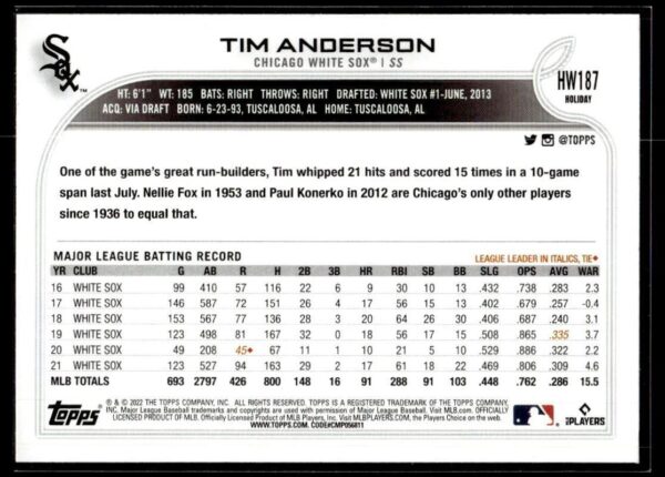 _10 2022 Topps Holiday Chicago White Sox #187 Tim Anderson