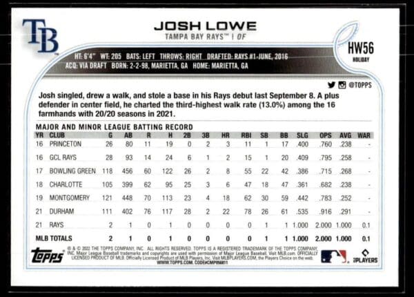 2022 Topps Holiday Tamp Bay Rays #56 Josh Lowe RC Rookie