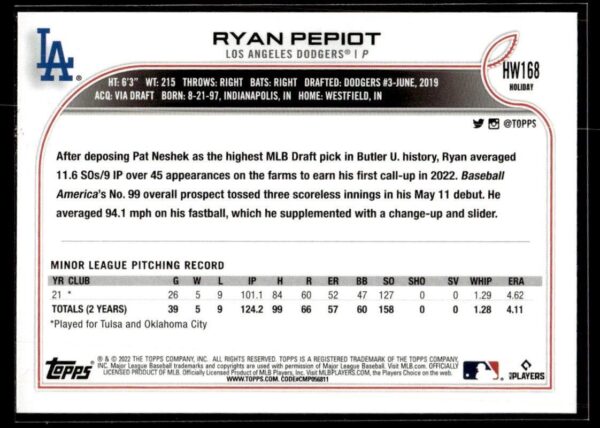 2022 Topps Holiday Los Angeles Dodgers #168 Ryan Pepiot RC Rookie