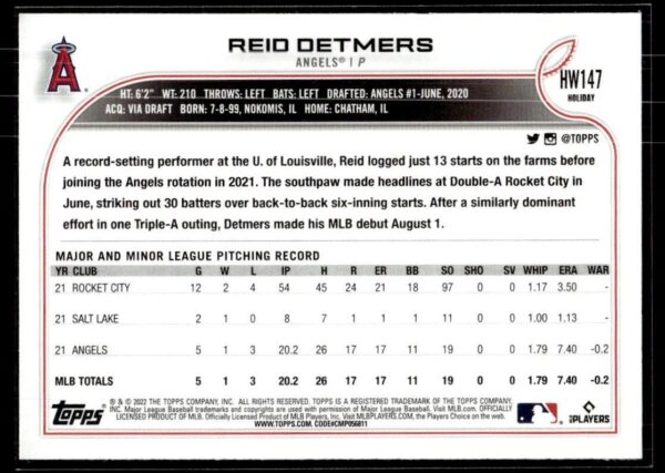 _10 2022 Topps Holiday AZL Angels #147 Reid Detmers