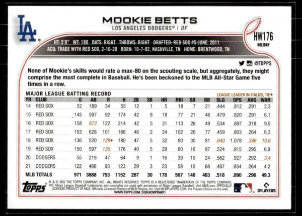 2022 Topps Holiday Los Angeles Dodgers #176 Mookie Betts