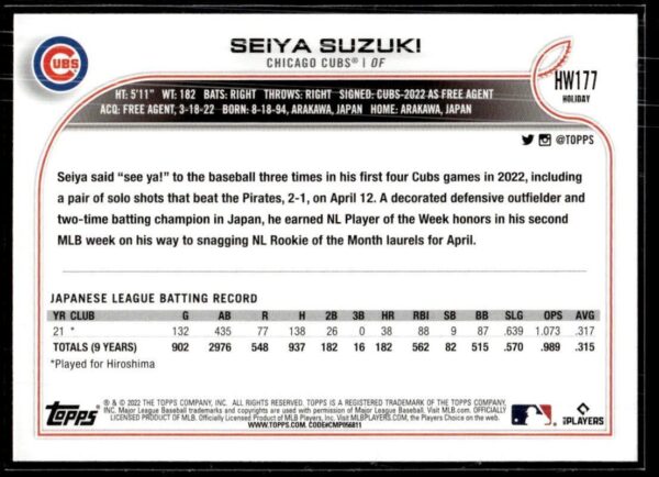 _10 2022 Topps Holiday Chicago Cubs #177 Seiya Suzuki RC Rookie