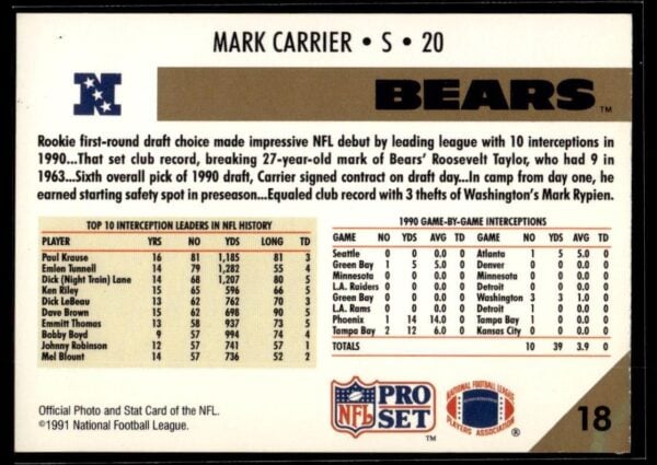 1991 Pro Set Chicago Bears #18 Mark Carrier