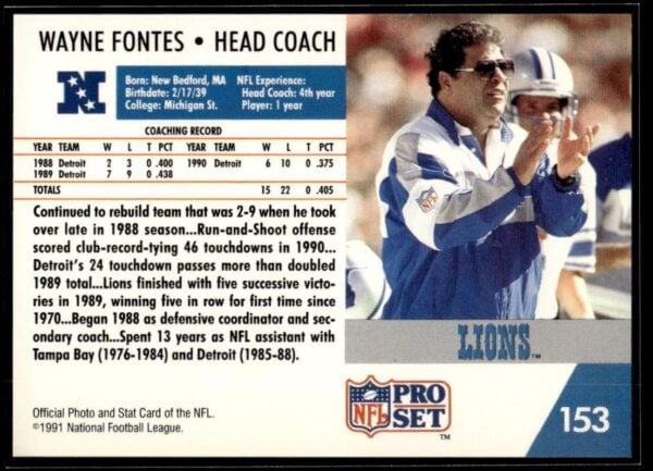 1991 Pro Set Detroit Lions #153 Wayne Fontes
