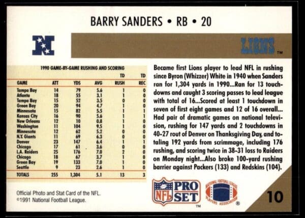 1991 Pro Set Detroit Lions #10 Barry Sanders
