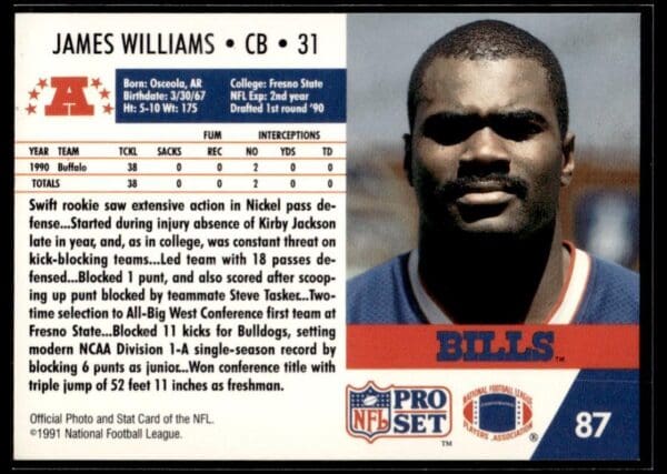1991 Pro Set Buffalo Bills #87 James Williams