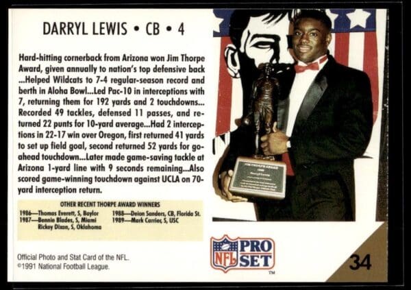 1991 Pro Set Arizona Wildcats #34 Darryll Lewis RC Rookie