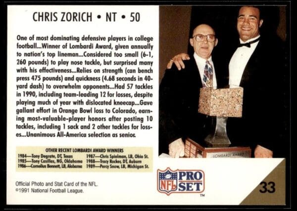 1991 Pro Set Notre Dame Fighting Irish #33 Chris Zorich RC Rookie