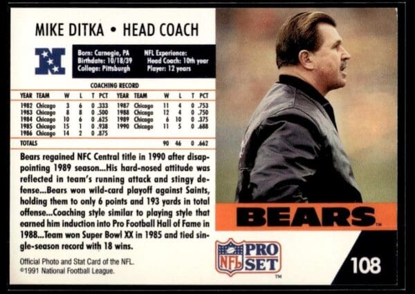 1991 Pro Set Chicago Bears #108 Mike Ditka