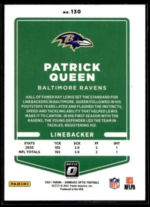 2021 Donruss Optic Patrick Queen Baltimore Ravens #130