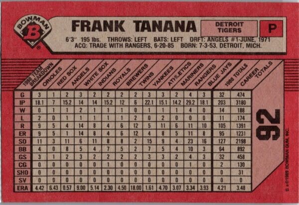 1989 Bowman Detroit Tigers #92 Frank Tanana