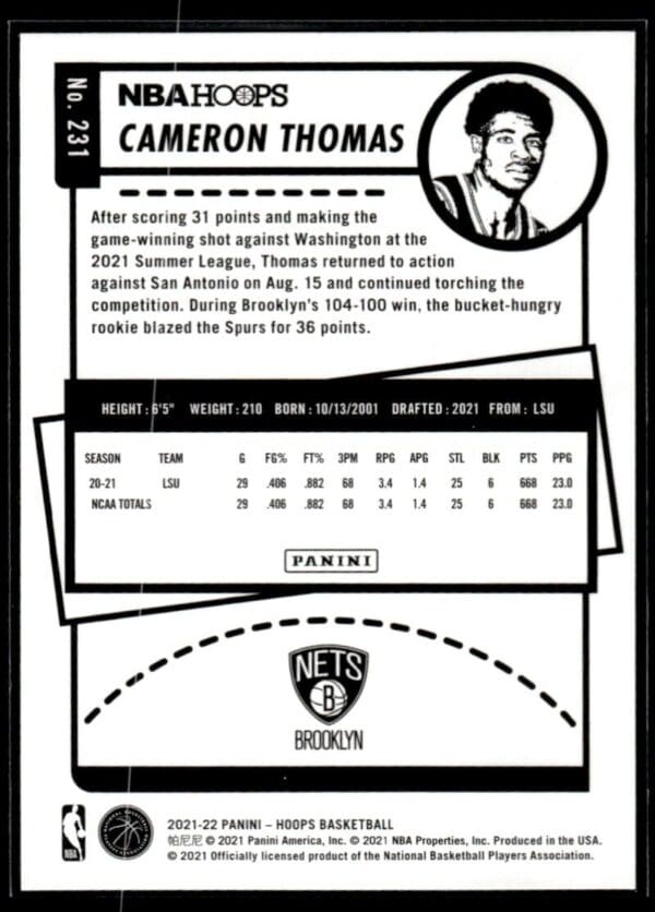 2021 NBA Hoops Brooklyn Nets #231 Cameron Thomas RC Rookie