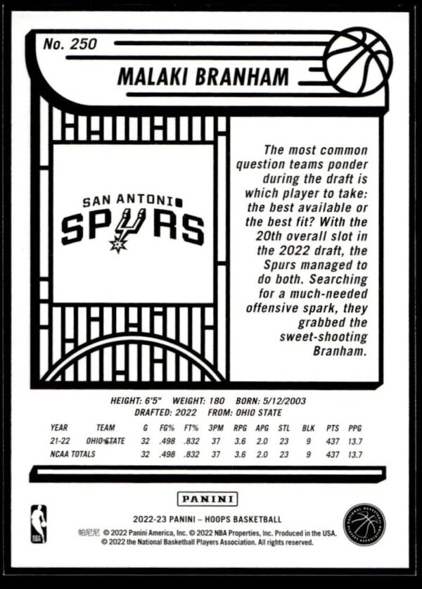 2022 NBA Hoops San Antonio Spurs #250 Malaki Branham RC Rookie