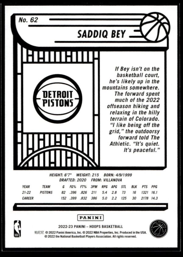 2022 NBA Hoops Detroit Pistons #62 Saddiq Bey