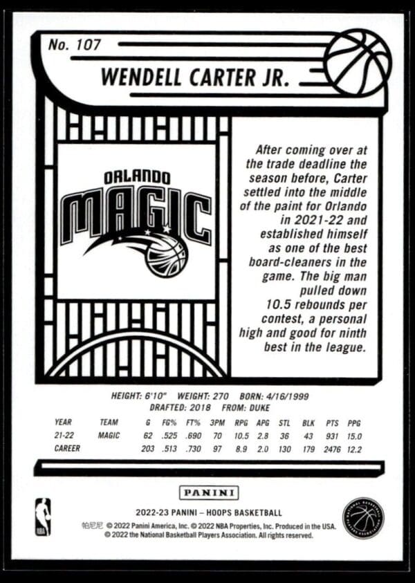 2022 NBA Hoops Orlando Magic #107 Wendell Carter Jr.
