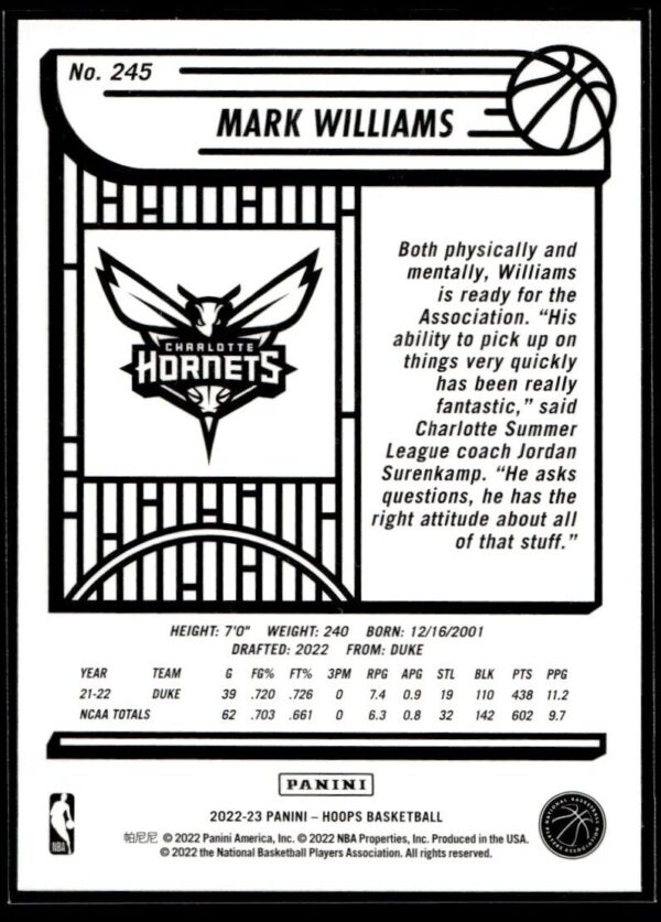 _10 2022 NBA Hoops Charlotte Hornets #245 Mark Williams RC Rookie