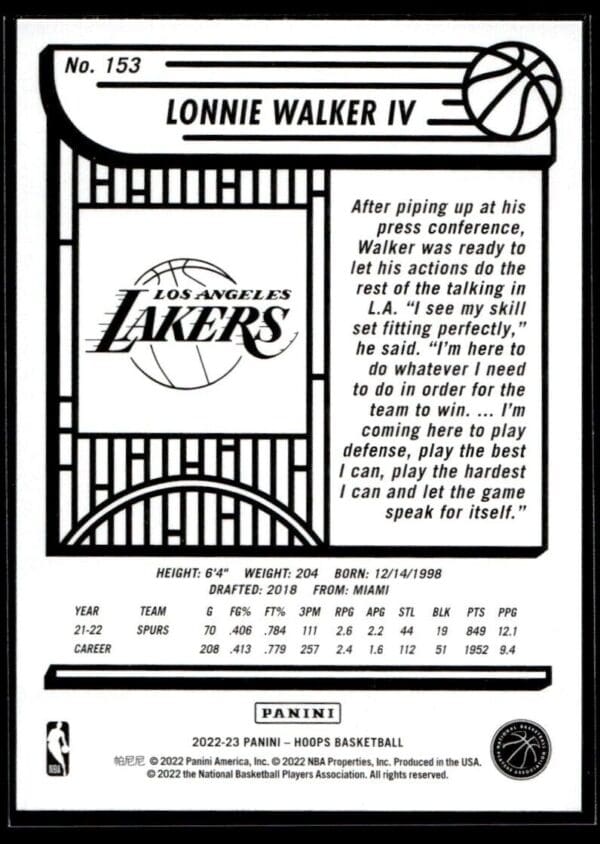 2022 NBA Hoops Los Angeles Lakers #153 Lonnie Walker IV