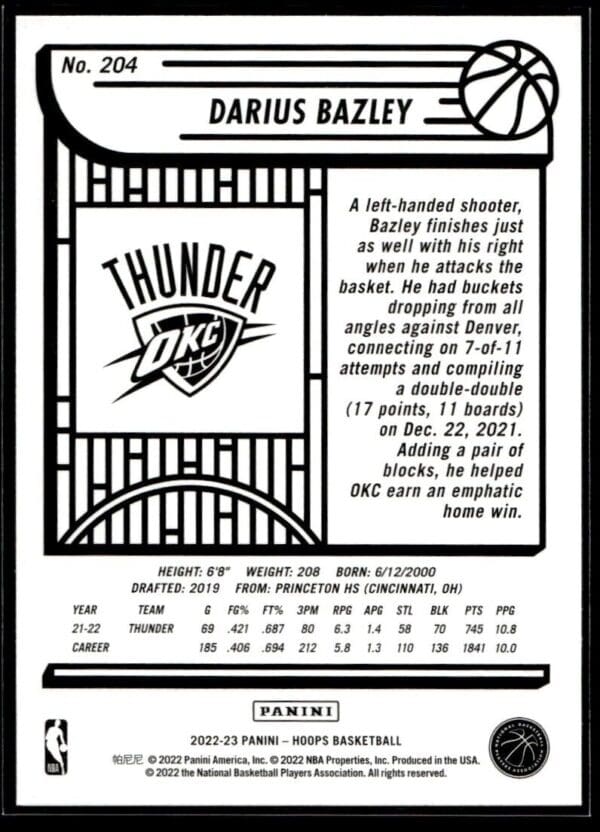 2022 NBA Hoops Oklahoma City Thunder #204 Darius Bazley
