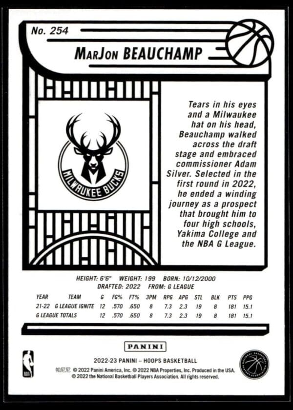 2022 NBA Hoops Milwaukee Bucks #254 MarJon Beauchamp RC Rookie