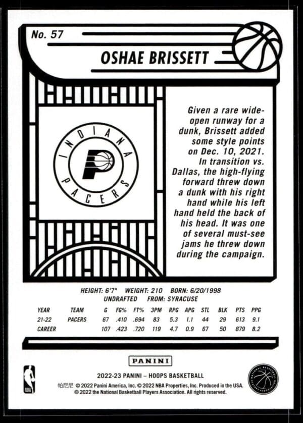 2022 NBA Hoops Indiana Pacers #57 Oshae Brissett