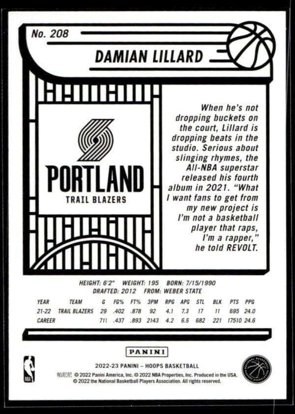 2022 NBA Hoops Portland Trail Blazers #208 Damian Lillard