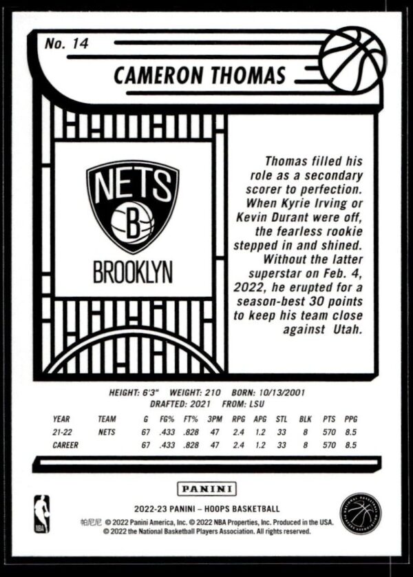 _10 2022 NBA Hoops Brooklyn Nets #14 Cameron Thomas