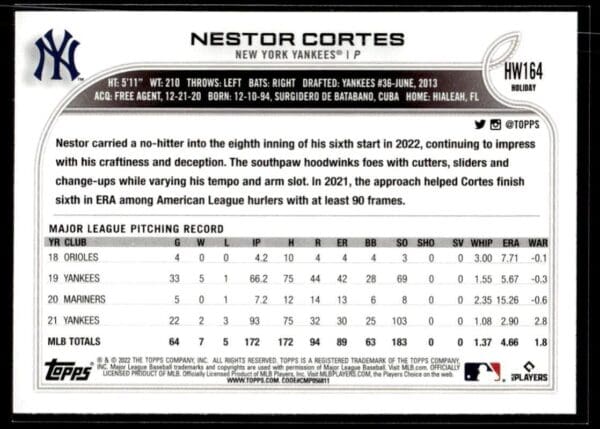 2022 Topps Holiday New York Yankees #HW164 Nestor Cortes
