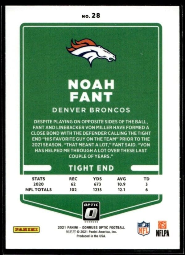 2021 Donruss Optic Noah Fant Denver Broncos #28