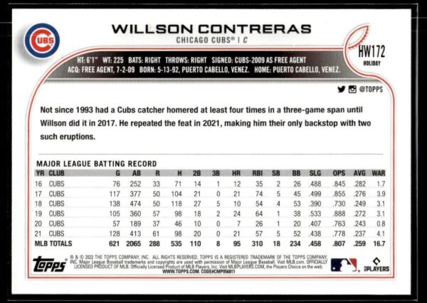 _10 2022 Topps Holiday Chicago Cubs #HW172 Willson Contreras