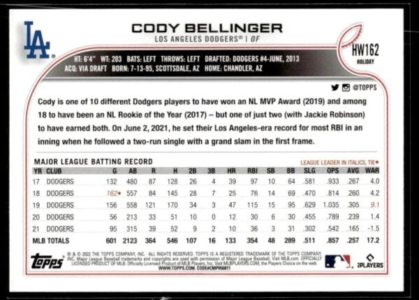 2022 Topps Holiday Los Angeles Dodgers #HW162 Cody Bellinger