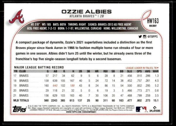 2022 Topps Holiday Atlanta Braves #HW163 Ozzie Albies