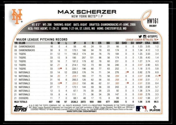 _10 2022 Topps Holiday New York Mets #HW161 Max Scherzer