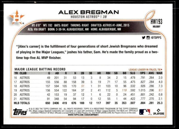 2022 Topps Holiday Houston Astros #HW193 Alex Bregman